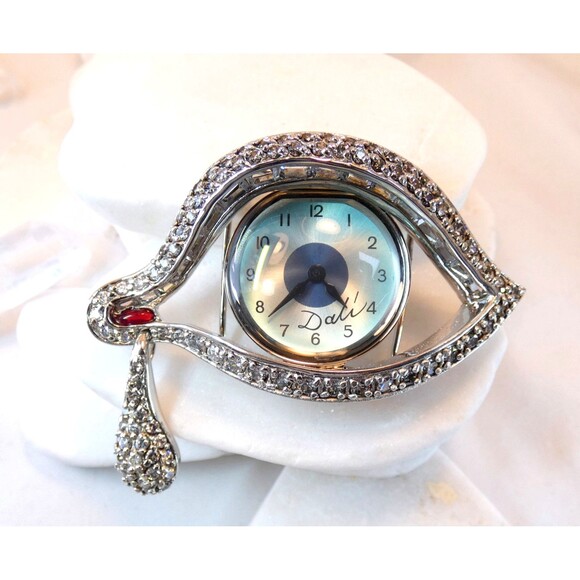 Salvador Dali Eye of Time Watch Pin Brooch Faux Diamond/Ruby RARE! New Battery - Picture 1 of 5